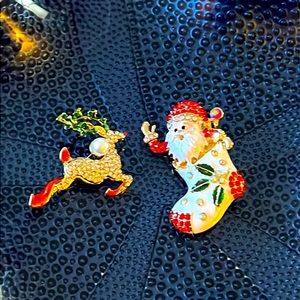 Christmas Santa & Reindeer Crystal Brooch Set